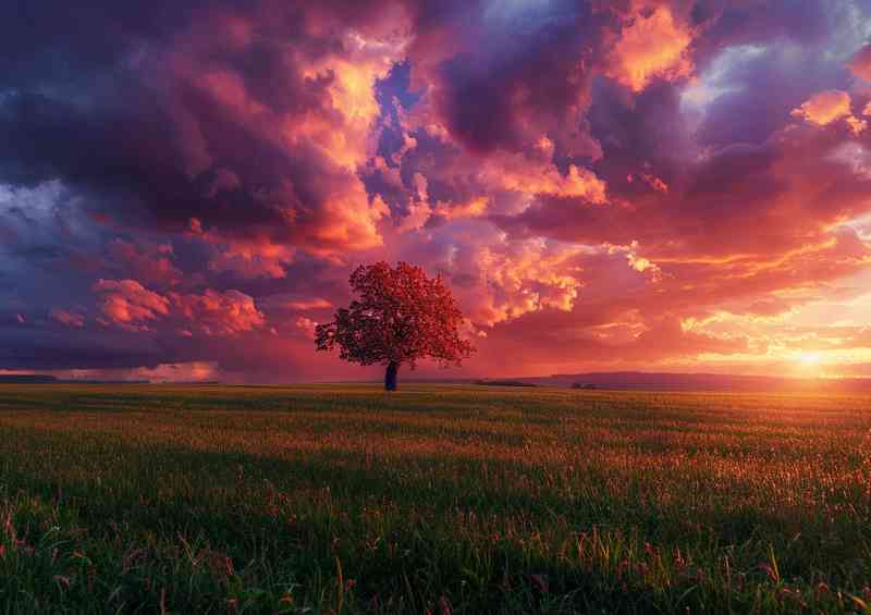 Green field with a purple lush sky