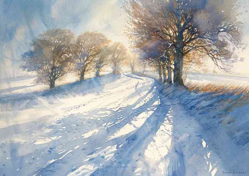 Painting style winter trees rising sun