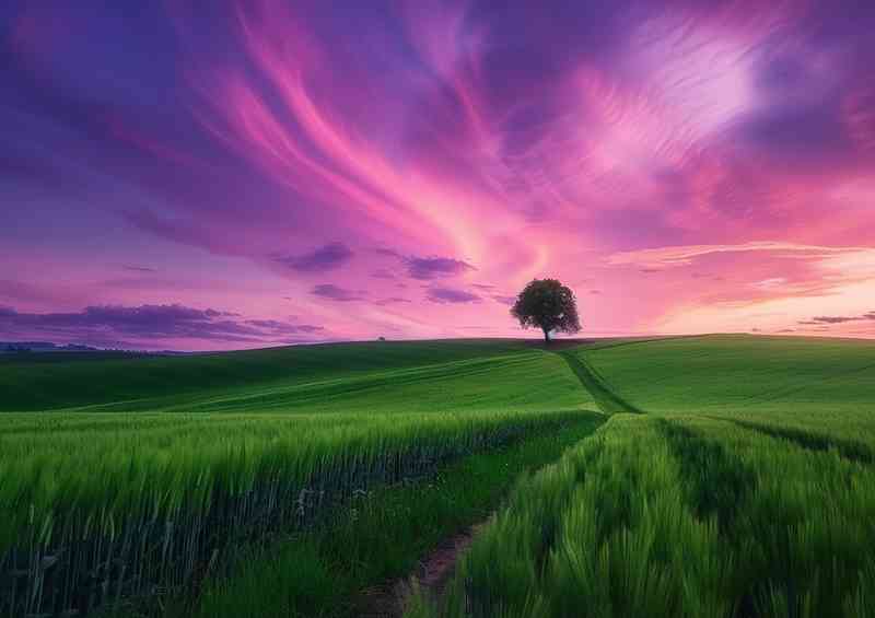 The wide green field with a single tree