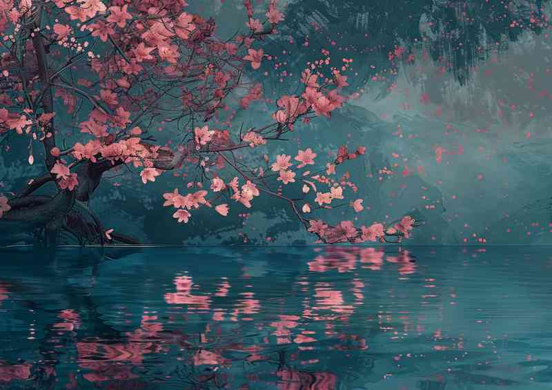 Tree and flowers in a scene of water
