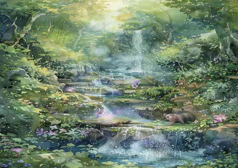 A whimsical watercolor enchanted waterfall