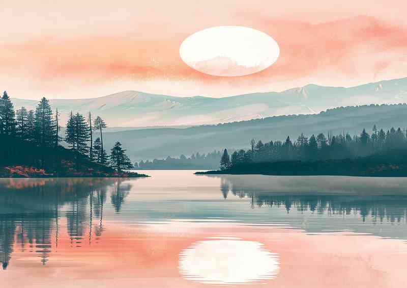 The sun setting in the valley and lake
