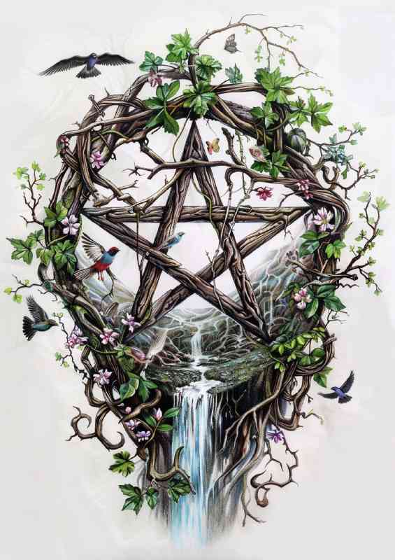 Vines waterfall pentacal with doves | Metal Poster