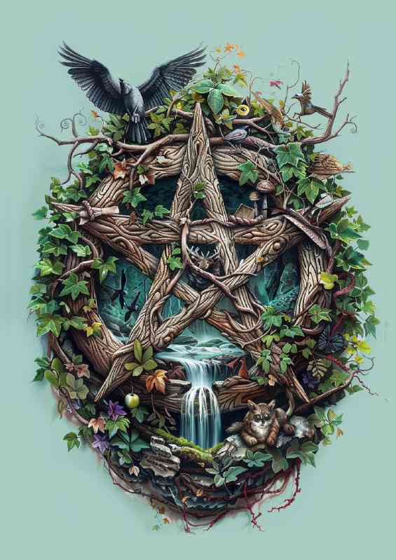 Wiccan Pentacle wood vines and doves | Metal Poster