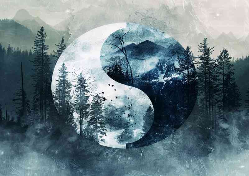 Yin yang symbol with mountains and trees | Metal Poster