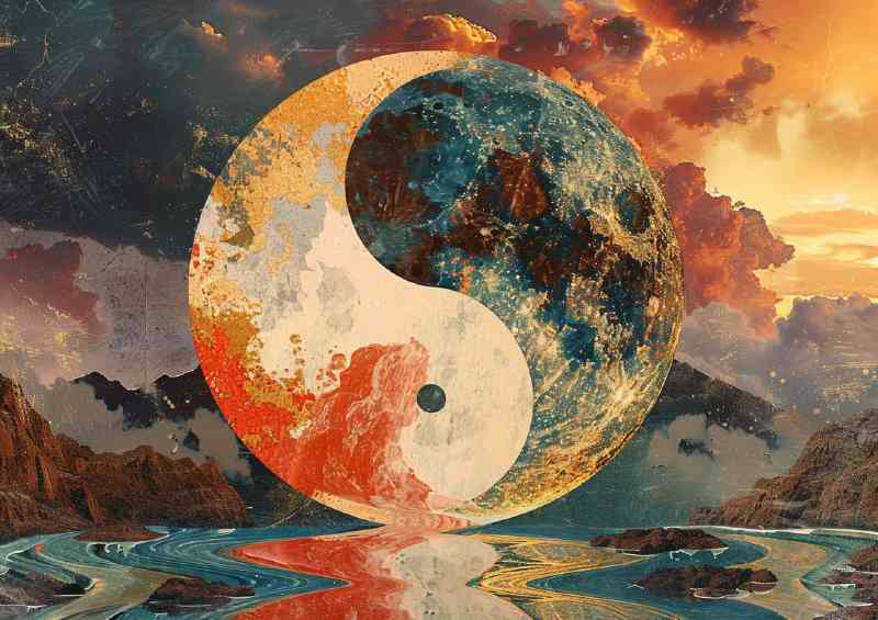 Yin yang symbol with water and land | Metal Poster