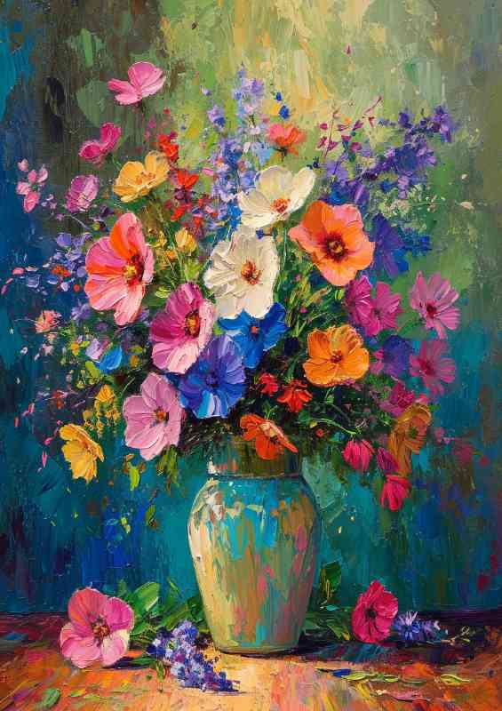 the painted vase of colourful burst of flowers | Metal Poster