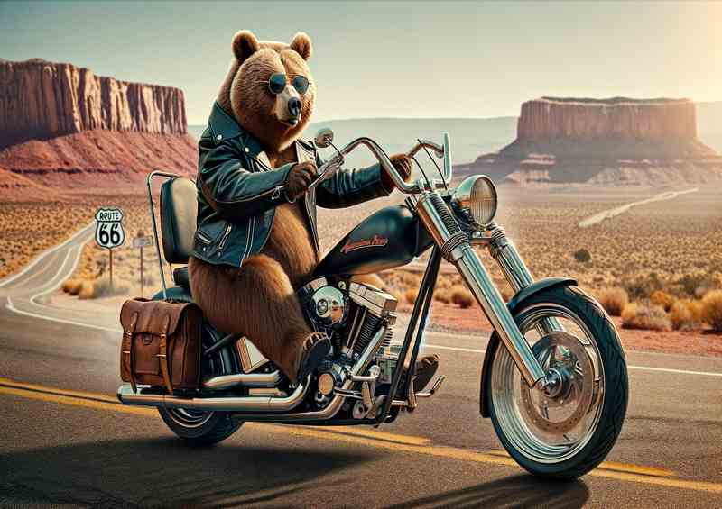 Bear Riding a Chopper on Route 66 | Metal Poster