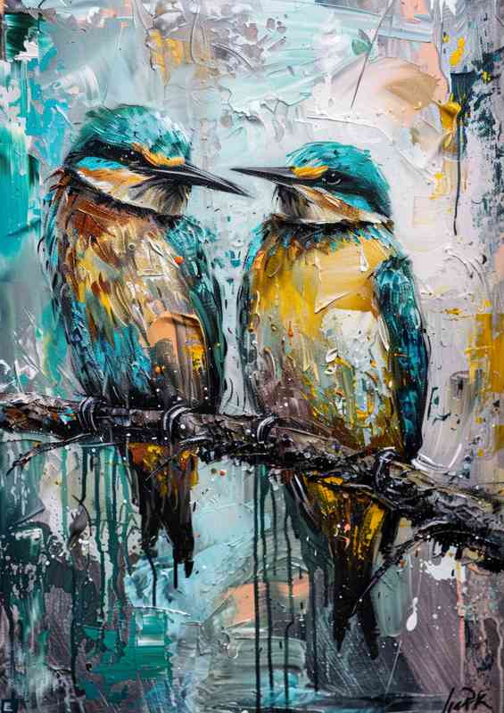Two birds on a branch painting | Metal Poster