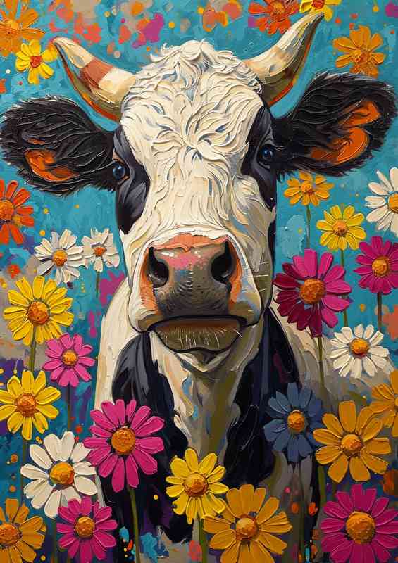 Painted cow and colourful flowers | Metal Poster