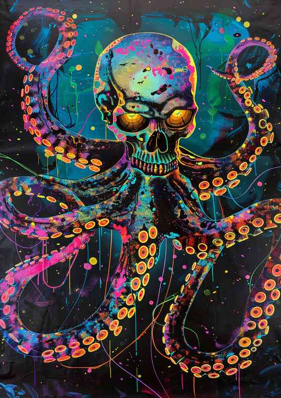 Octopus is shown with glowing tentacles and eyes | Metal Poster