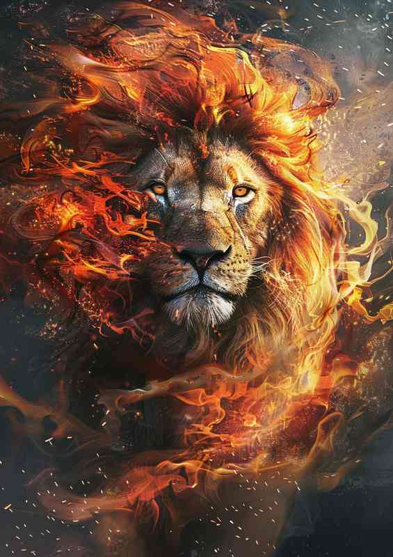 The lion is in flames in the fire | Metal Poster