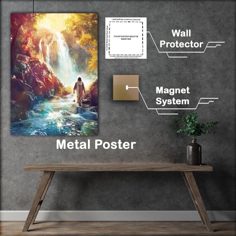 Buy Metal Poster : (Jesus walks through the stream with a waterfall)