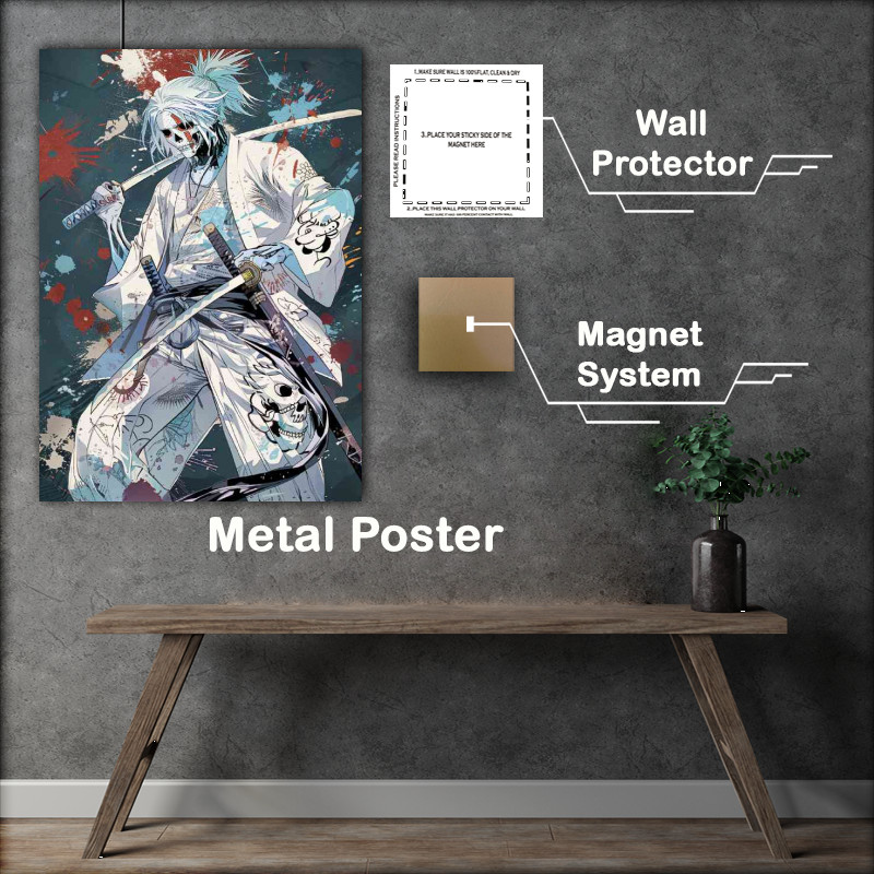 Buy Metal Poster : (Gray blue hair wearing a white suit with Japanese)