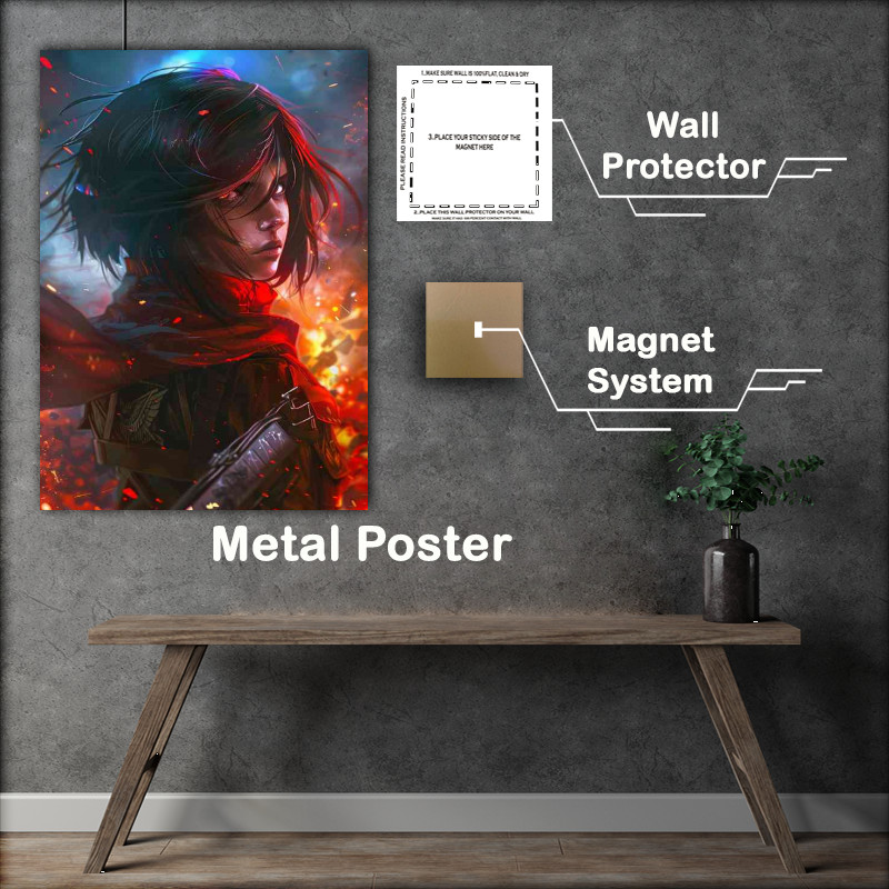 Buy Metal Poster : (Mikasa Ackerman anime style art fire background)