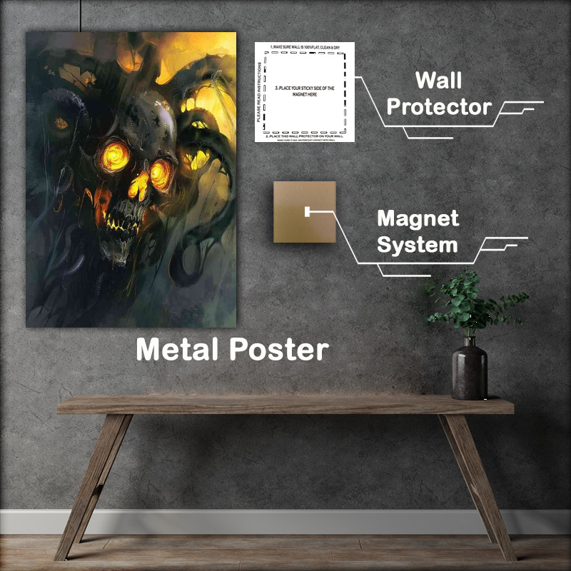 Buy Metal Poster : (Skull with glowing yellow eyes and black tentacles)