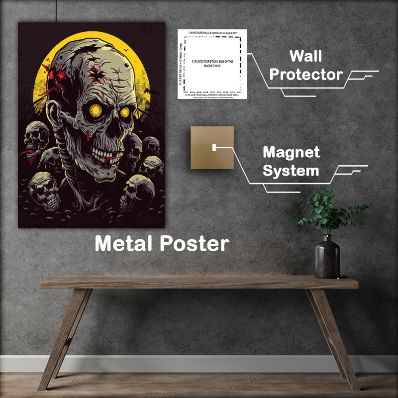 Buy Metal Poster : (Zombie with yellow eyes skulls and bones around him)