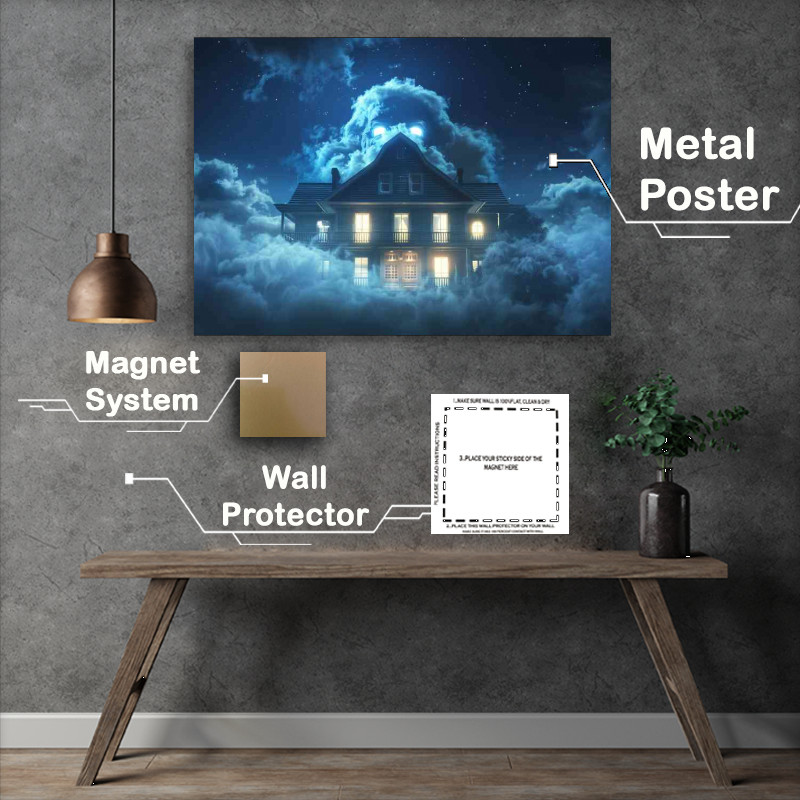 Buy Metal Poster : (House with an evil face made of fog night sky)