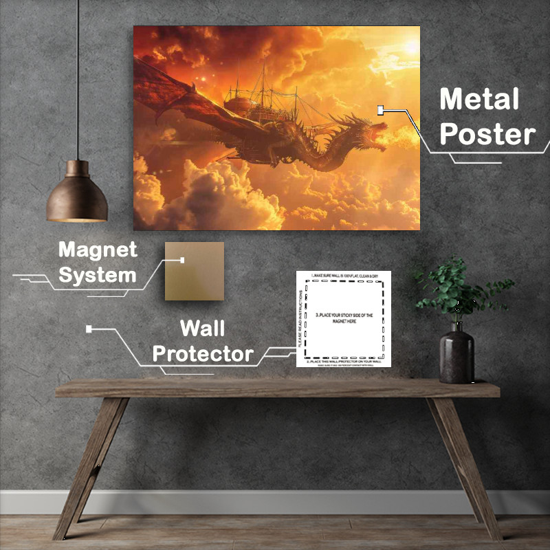 Buy Metal Poster : (Majestic Dragon soaring through the sky breathing mechanical)