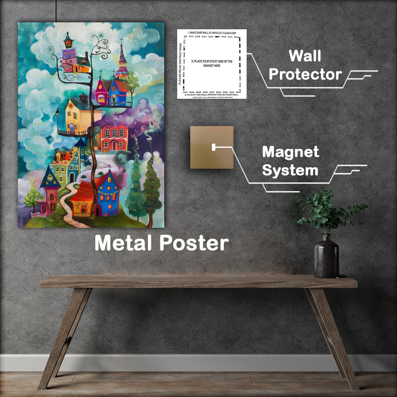 Buy Metal Poster : (Surreal painting of colorful houses stacked on top)