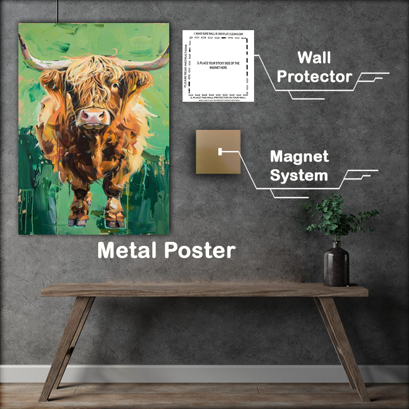 Buy Metal Poster : (Highland cute cow oil painting style green grass)