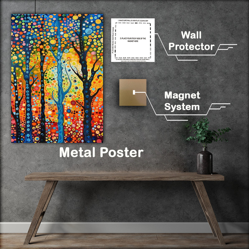 Buy Metal Poster : (A painting of trees with circles and dots in the sky)