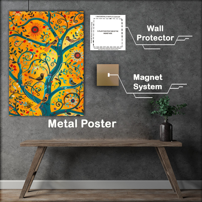 Buy Metal Poster : (Abstract whimsical folk art birds in tree orange blue)