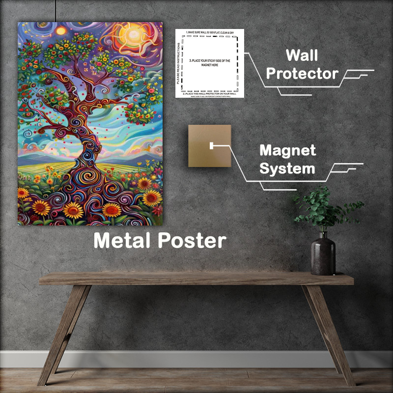 Buy Metal Poster : (Whimsical tree with swirling branches sunflowers)