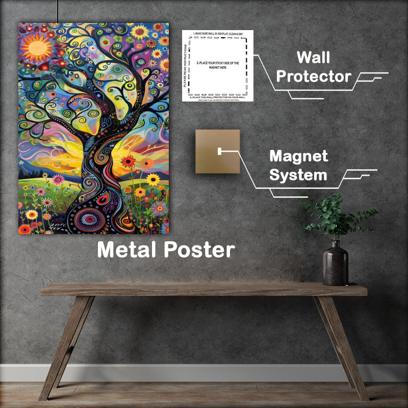 Buy Metal Poster : (Whimsical tree with swirling branches sunflowers And sun)