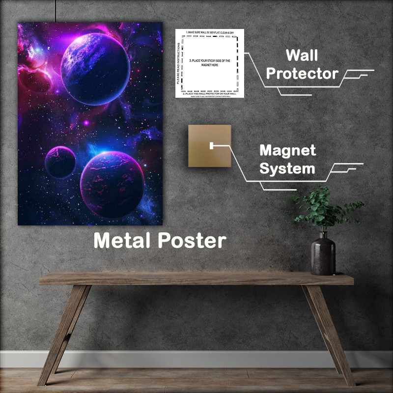 Buy Metal Poster : (Neon blue and purple planets and stars)