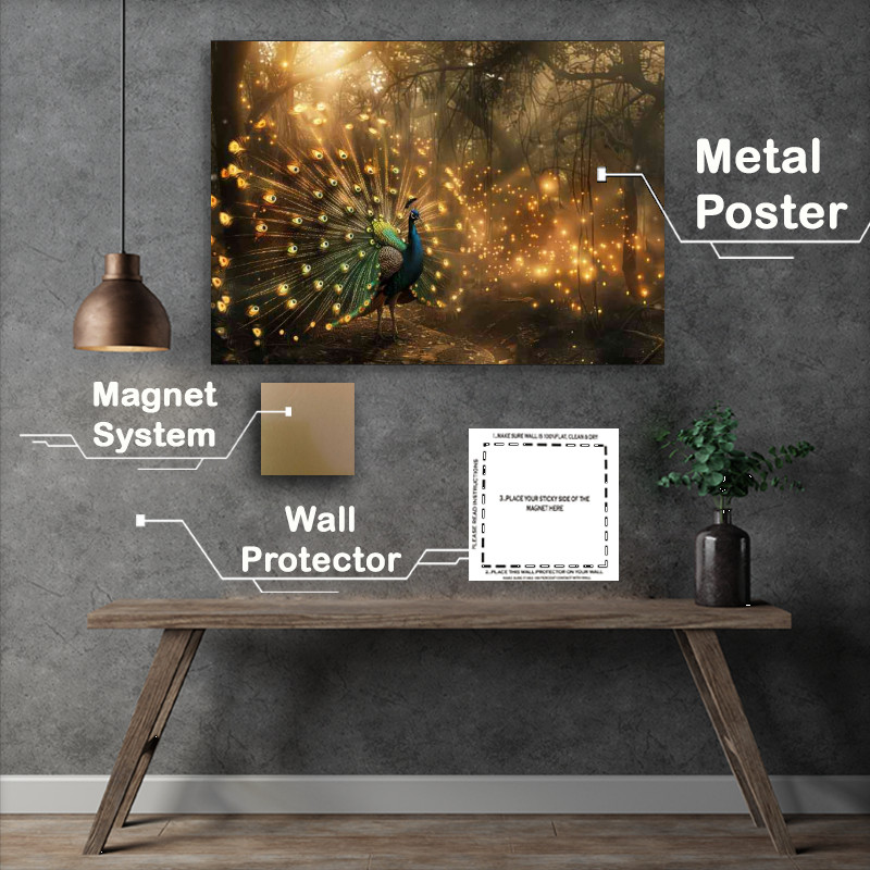 Buy Metal Poster : (Peacock golden feathers in display)