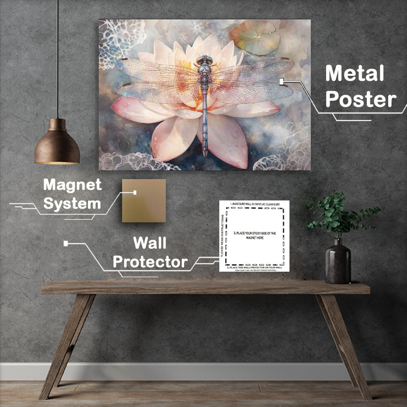 Buy Metal Poster : (Beautiful watercolor dragonfly with iridescent wings)