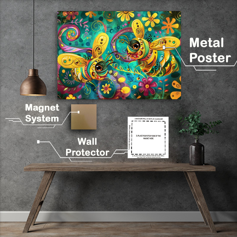 Buy Metal Poster : (Cartoon happy bees flying around the flowers)