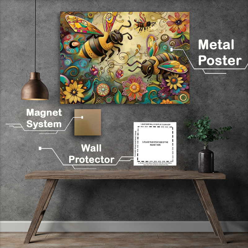 Buy : (Vibrant happy bees in cartoon style)