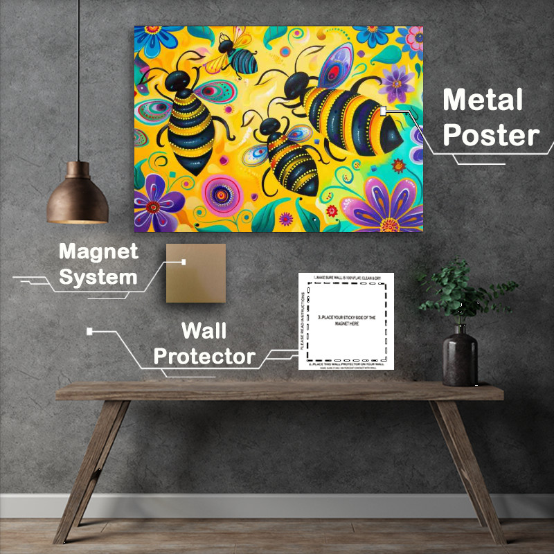 Buy Metal Poster : (Whimsical happy bees with flowers)