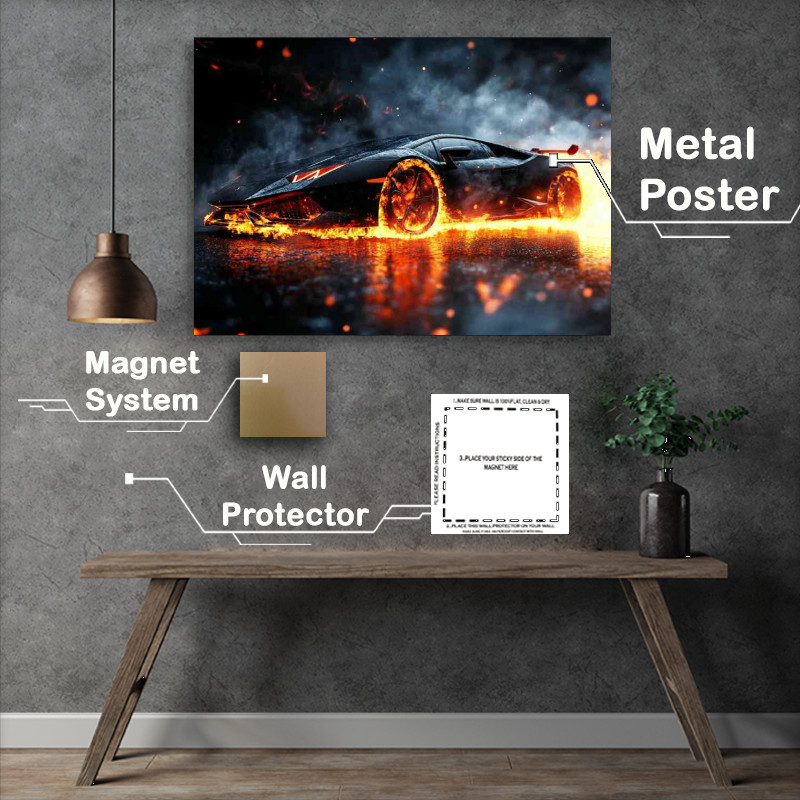 Buy Metal Poster : (Lamborghini with smoke and fire in black)