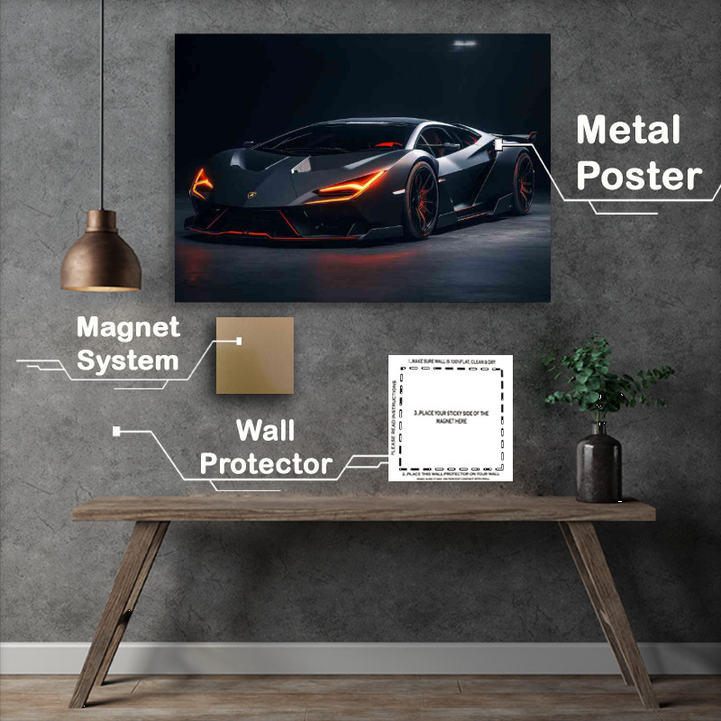 Buy Metal Poster : (Matte black Lamborghini with orange lights)