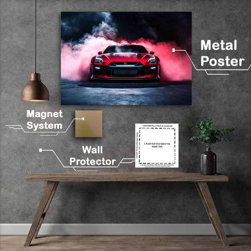 Buy Metal Poster : (Nissan GTR with smoke in red colour)