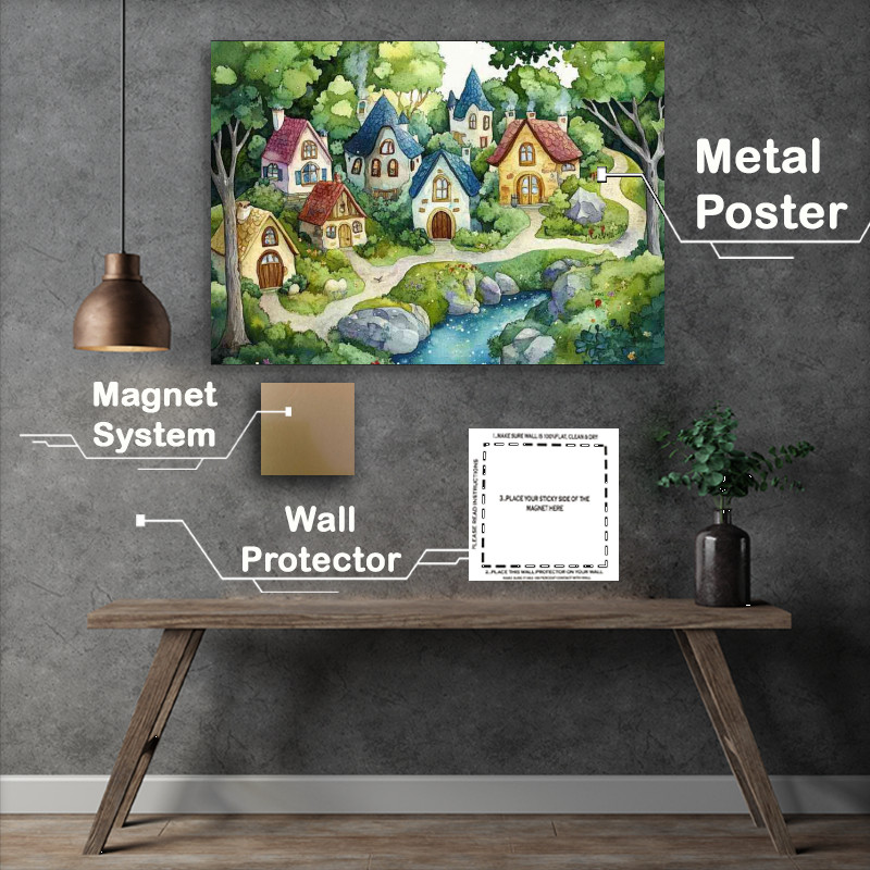 Buy Metal Poster : (Whimsical fairy tale village houses watercolour style)