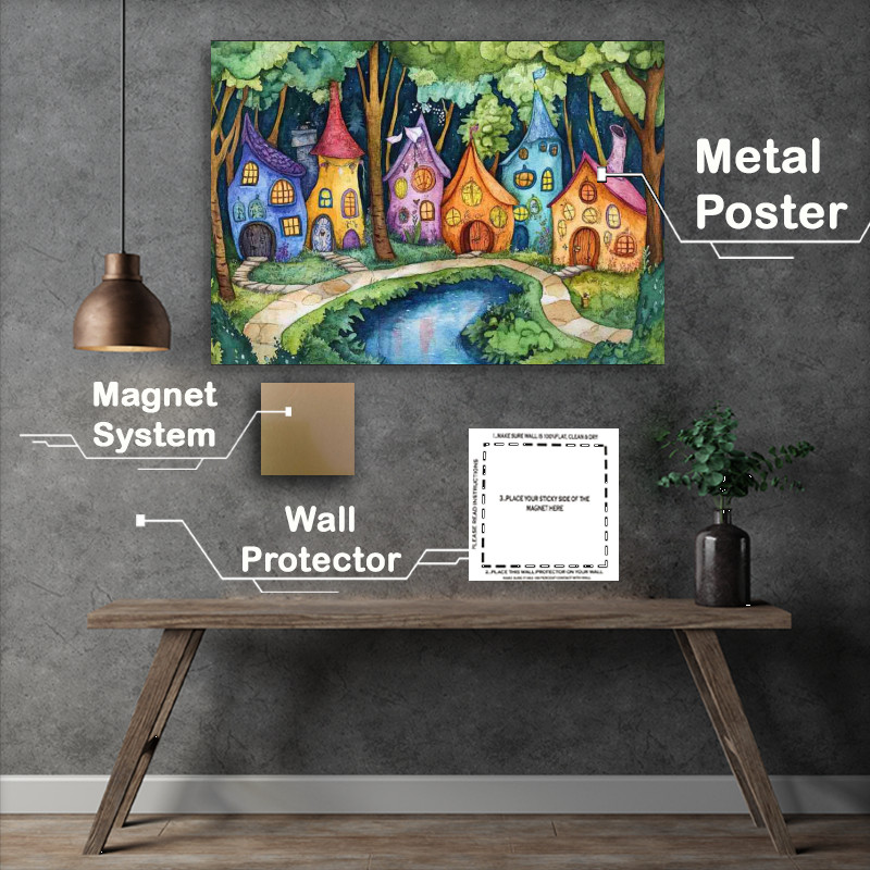 Buy Metal Poster : (Whimsical gnome village by the pond)