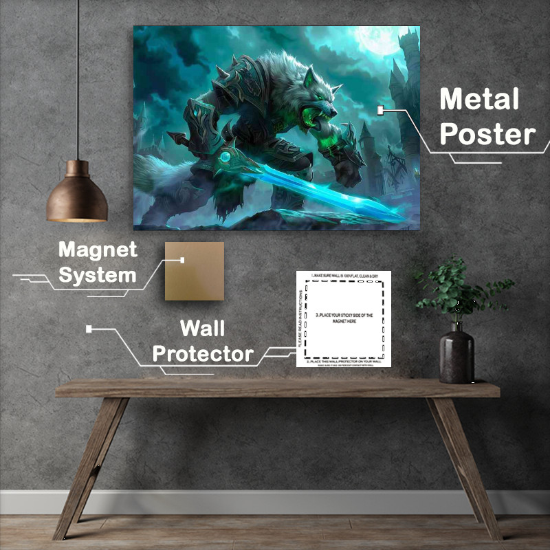 Buy Metal Poster : (Snarling white wolf with green sword)