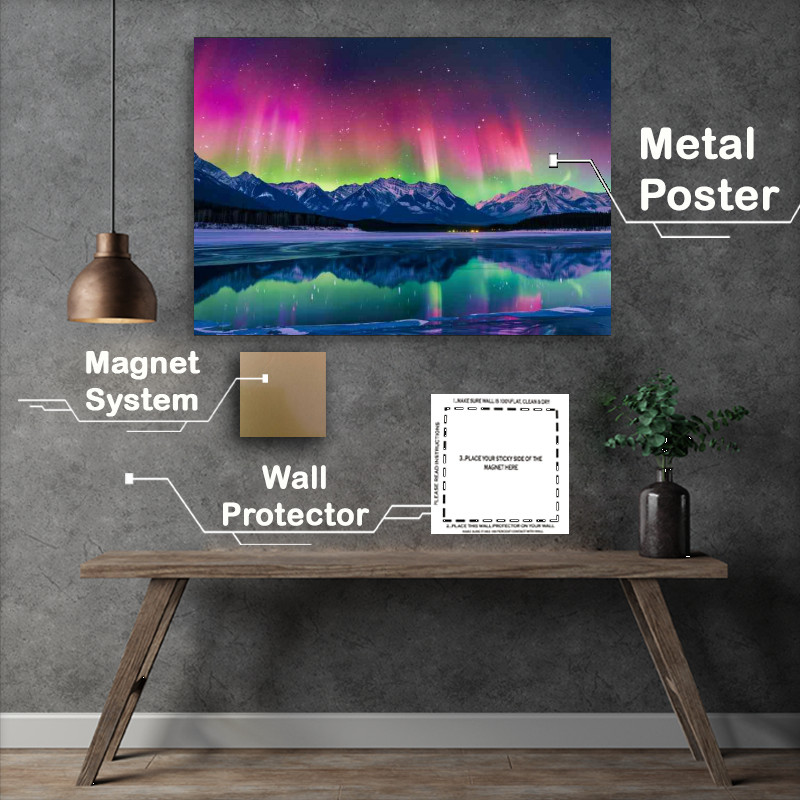 Buy Metal Poster : (The Northern Lights over the mountains with reflection)