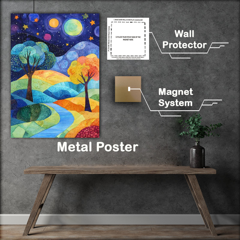 Buy : (Landscape painting with trees and hills stars)