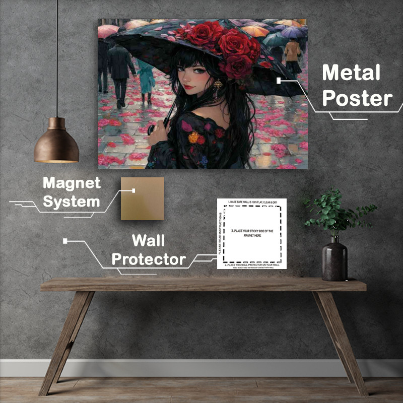 Buy : (Woman with long black hair and flowers in umberella)