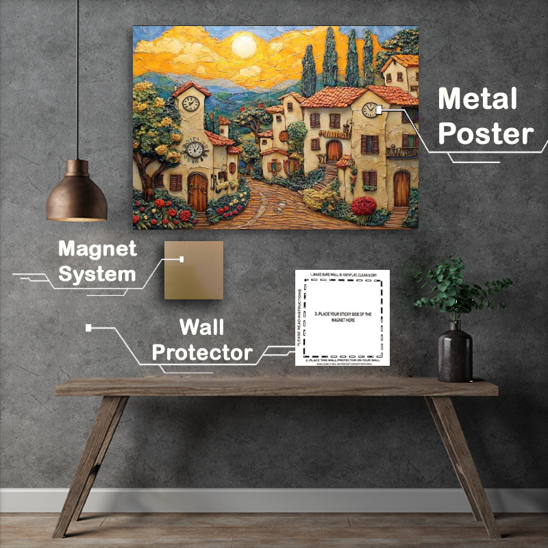 Buy : (Tuscan village houses with clocks on the walls sun in abstract style)