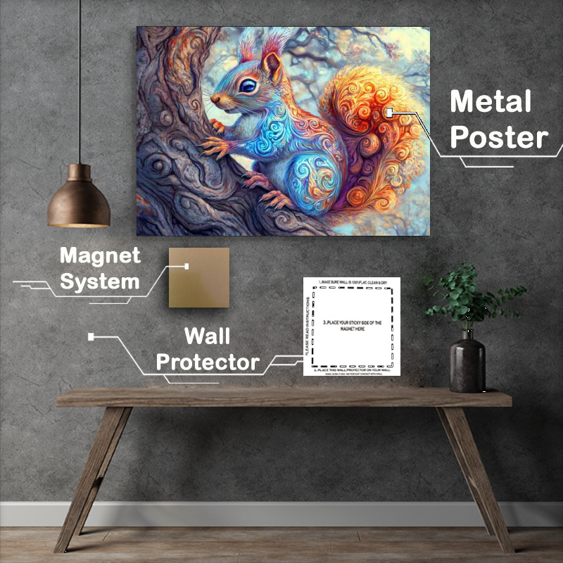 Buy : (Colorful fantasy art of an iridescent squirrel on a branch)