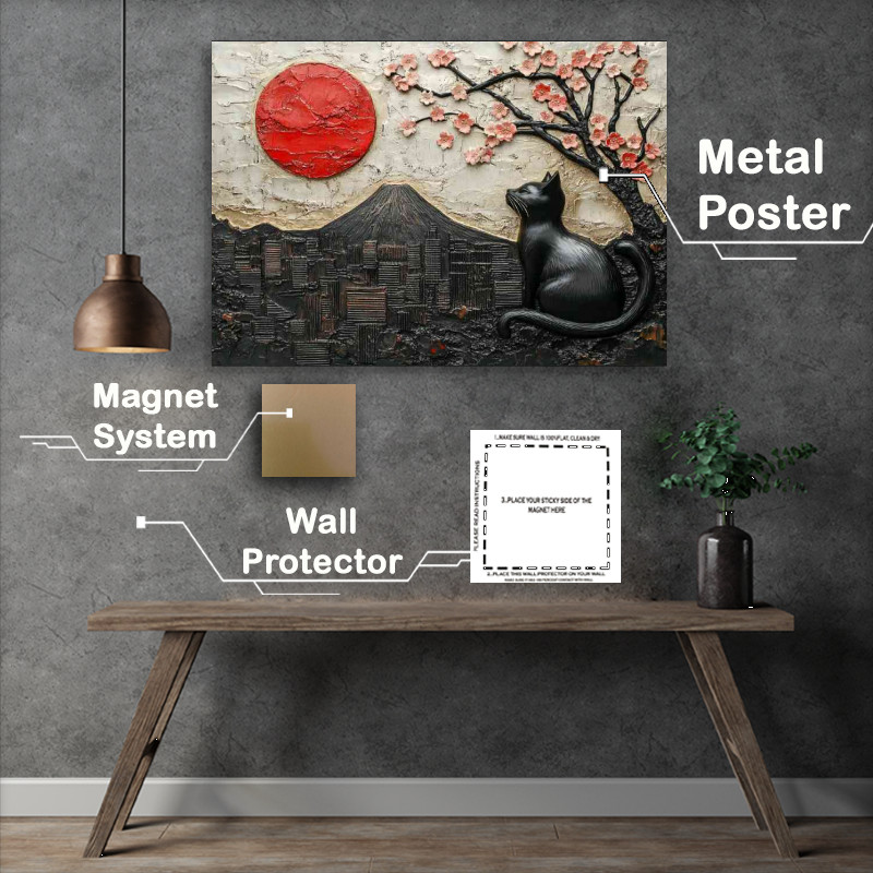 Buy : (Relief sculpture of a black cat cherry blossoms and mount fuji)