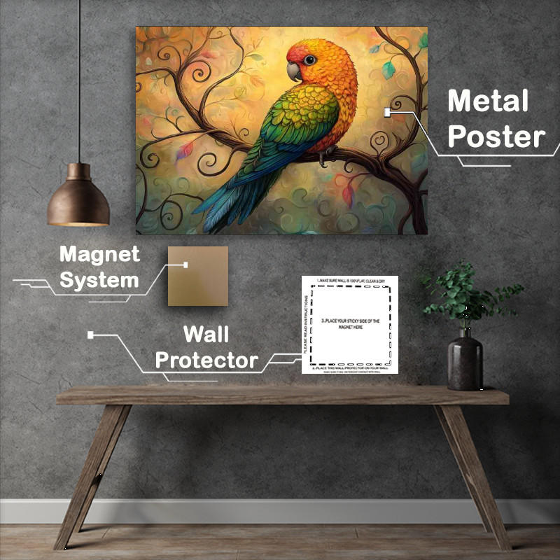 Buy : (Colorful parrot sitting on a tree branch with swirls)