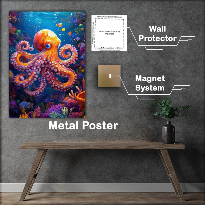 Buy : (Octopus swimming under the sea surrounded by coral)