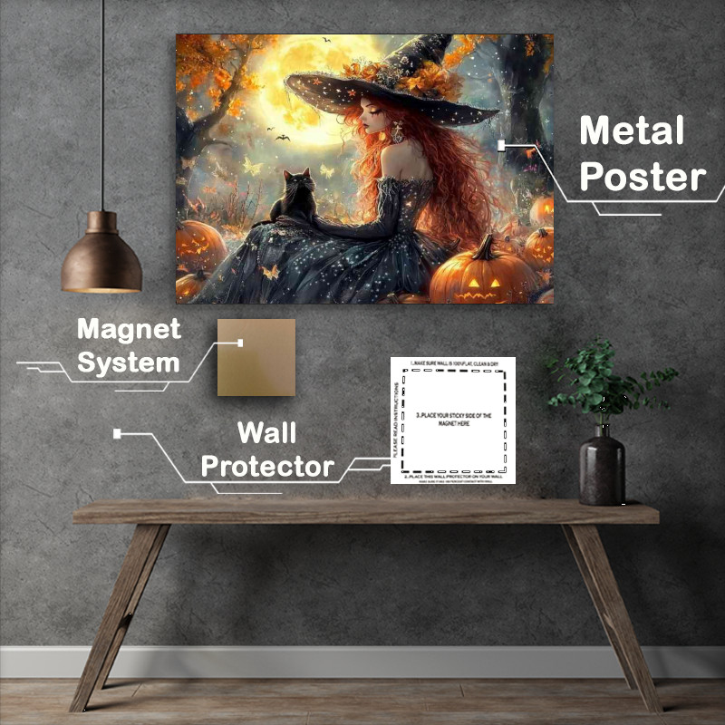 Buy : (Beautiful witch with long red hair and a black cat in autumn)